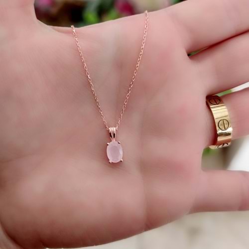 OVAL TEK TAŞ GÜMÜŞ KOLYE - PEMBE
