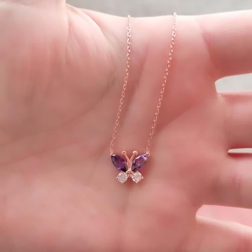 MİNİ RENKLİ TAŞLI KELEBEK GÜMÜŞ KOLYE - MOR