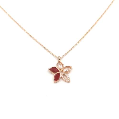BORDO MİNELİ ÇİÇEK GÜMÜŞ KOLYE - ROSE BAKIR
