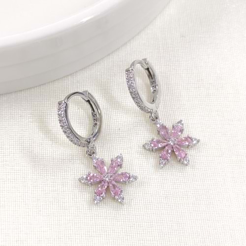 PEMBE LOTUS HALKA GÜMÜŞ KÜPE - RODYUM BEYAZ