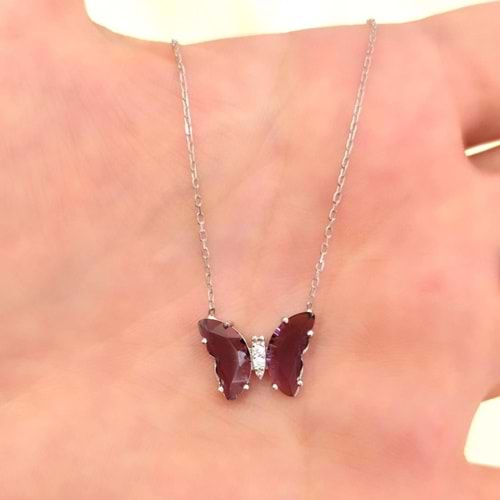 MOR KRİSTAL KELEBEK GÜMÜŞ KOLYE - RODYUM BEYAZ