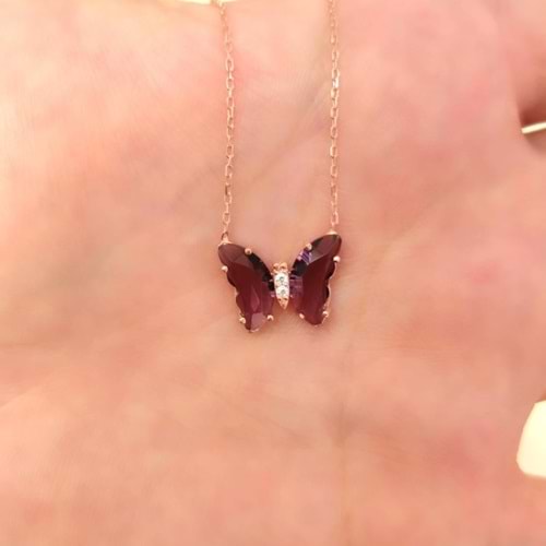 MOR KRİSTAL KELEBEK GÜMÜŞ KOLYE - ROSE BAKIR