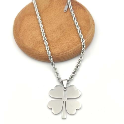 ÇELİK KALIN BURGU ZİNCİR BÜYÜK YONCA KOLYE - RODYUM BEYAZ