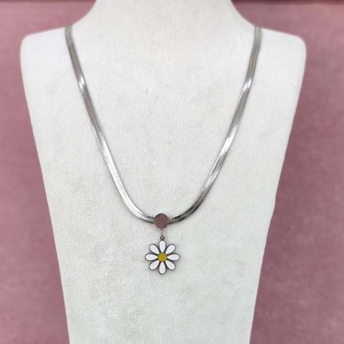 YASSI ZİNCİRLİ PAPATYA ÇELİK KOLYE - BEYAZ