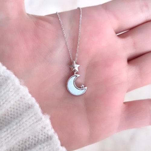 BEYAZ OPAL AY YILDIZ GÜMÜŞ KOLYE - RODYUM BEYAZ