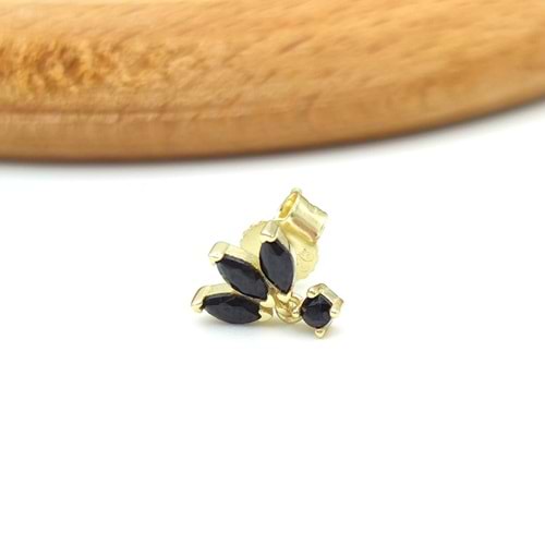 SİYAH TAŞLI TEKLİ YAPRAK GÜMÜŞ KÜPE - ALTIN SARI