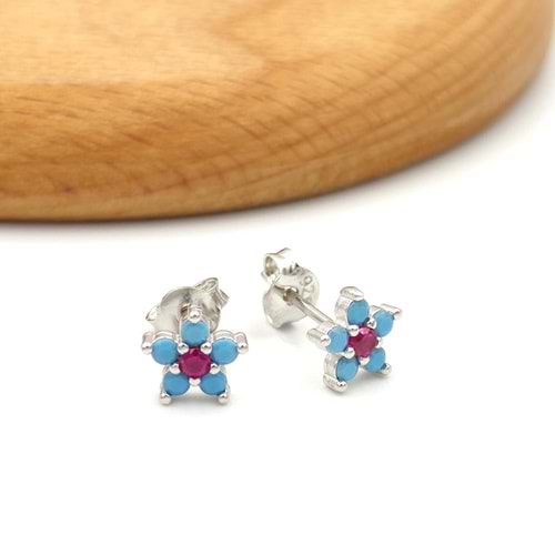 FİRUZE TAŞLI ÇİÇEK GÜMÜŞ KÜPE - RODYUM BEYAZ