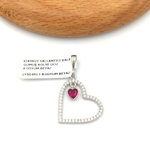 KIRMIZI SALLANTILI KALP GÜMÜŞ KOLYE UCU - RODYUM BEYAZ