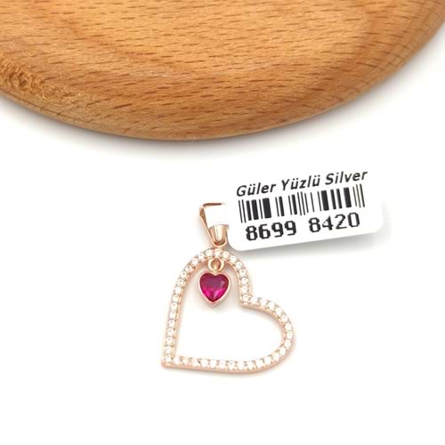 KIRMIZI SALLANTILI KALP GÜMÜŞ KOLYE UCU - ROSE BAKIR