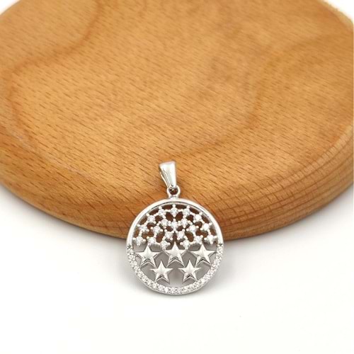 YUVARLAK YILDIZLI GÜMÜŞ KOLYE UCU - RODYUM BEYAZ