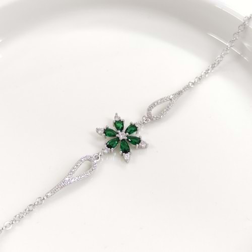 YEŞİL TAŞLI LOTUS GÜMÜŞ BİLEKLİK - RODYUM BEYAZ