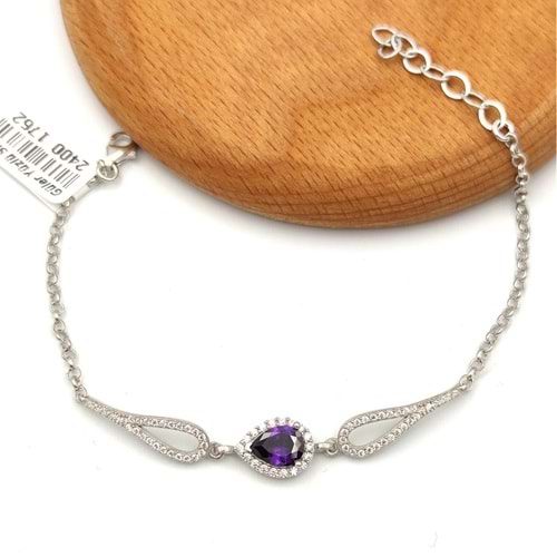 AMETİST ZİRKON DAMLA GÜMÜŞ BİLEKLİK - RODYUM BEYAZ