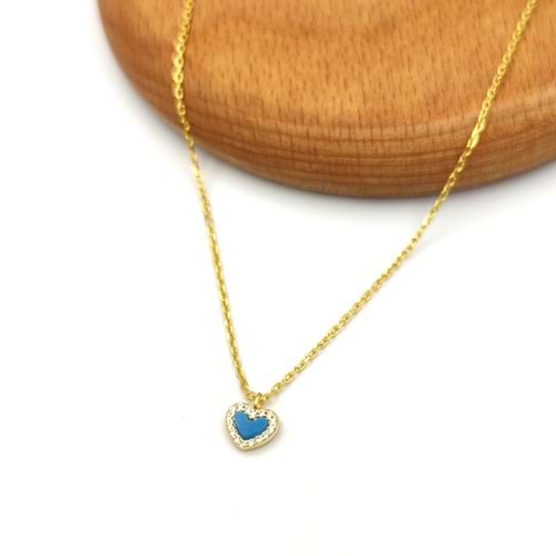 MİNİ MAVİ KALP GÜMÜŞ KOLYE - ALTIN SARI
