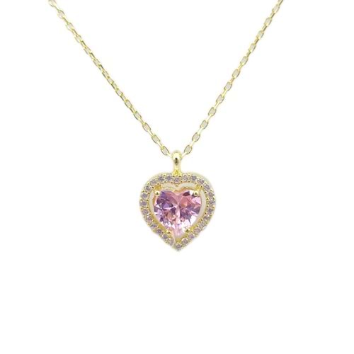 PEMBE TAŞLI KALP GÜMÜŞ KOLYE - ALTIN SARI