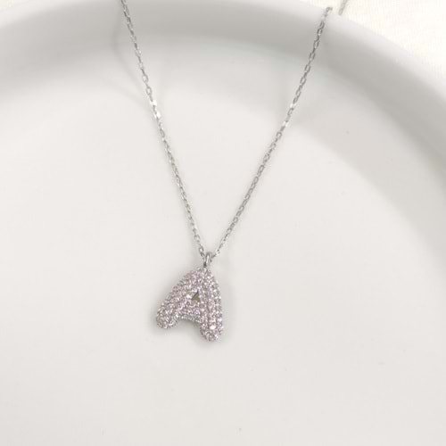 A TAŞLI HARF GÜMÜŞ KOLYE - RODYUM BEYAZ