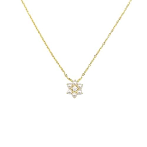 İNCİLİ MİNİ ÇİÇEK GÜMÜŞ KOLYE - ALTIN SARI