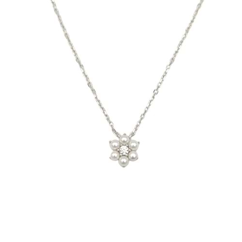 İNCİLİ MİNİ ÇİÇEK GÜMÜŞ KOLYE - RODYUM BEYAZ