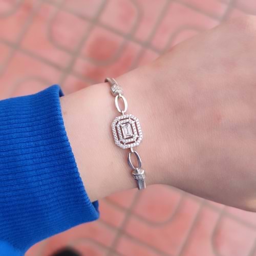 YASSI ZİNCİR BAGET GÜMÜŞ BİLEKLİK 17 + 3 CM - RODYUM BEYAZ