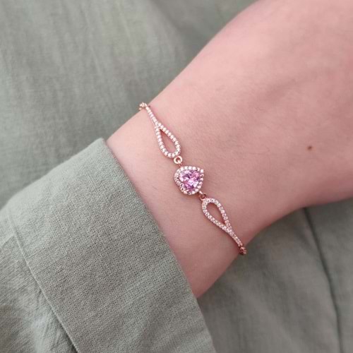 PEMBE TAŞLI KALP GÜMÜŞ BİLEKLİK - ROSE BAKIR
