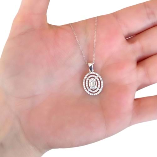 PIRLANTA MONTÜR BAGET OVAL GÜMÜŞ KOLYE - RODYUM BEYAZ