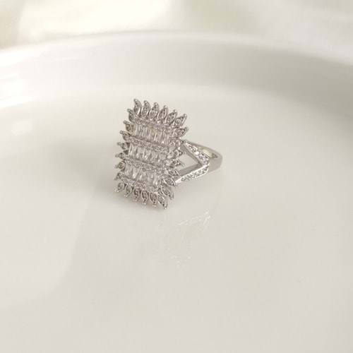 ZİRKON TAŞLI BÜYÜK BAGET GÜMÜŞ YÜZÜK 2 CM - 15