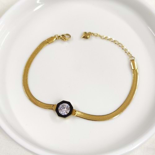 SİYAH DETAY TEK TAŞ ÇELİK BİLEKLİK 17 CM + 4 CM - ALTIN SARI