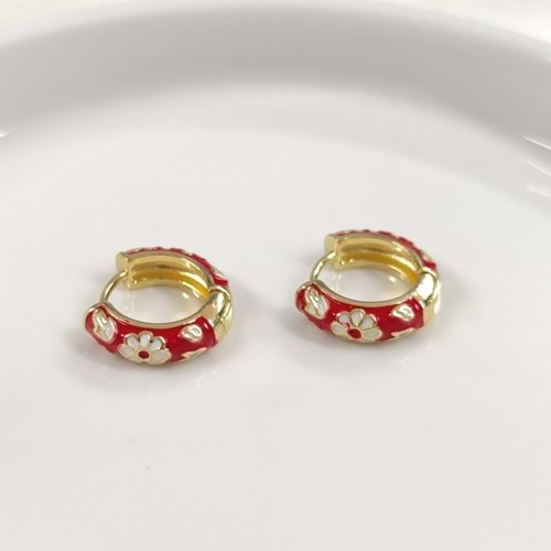 12 MM MİNELİ ÇİÇEKLİ ÇELİK HALKA KÜPE - KIRMIZI