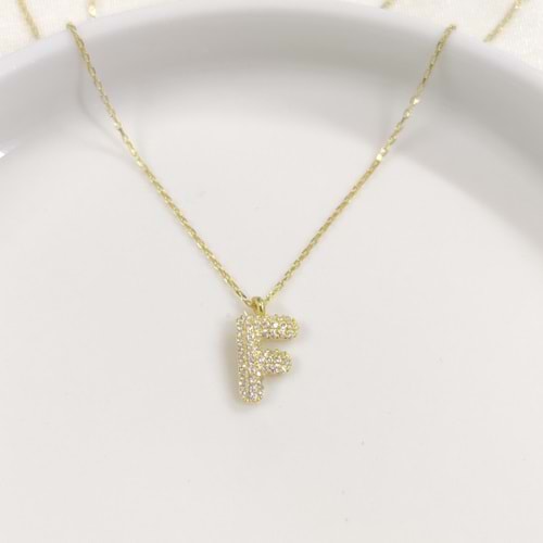 F TAŞLI GÜMÜŞ HARF KOLYE - ALTIN SARI