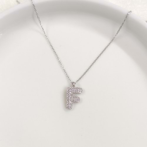 F TAŞLI GÜMÜŞ HARF KOLYE - RODYUM BEYAZ