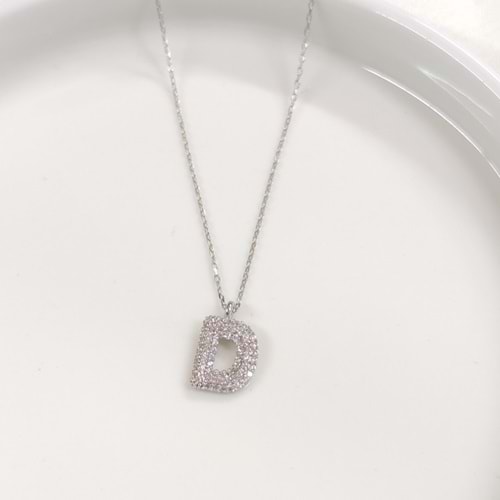 D TAŞLI GÜMÜŞ HARF KOLYE - RODYUM BEYAZ