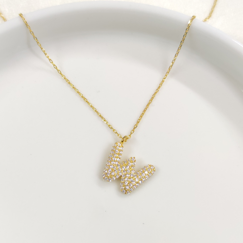 W TAŞLI GÜMÜŞ HARF KOLYE - ALTIN SARI