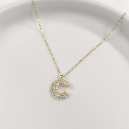 C TAŞLI GÜMÜŞ HARF KOLYE - ALTIN SARI