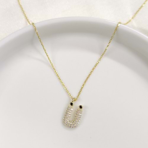 Ü TAŞLI GÜMÜŞ HARF KOLYE - ALTIN SARI