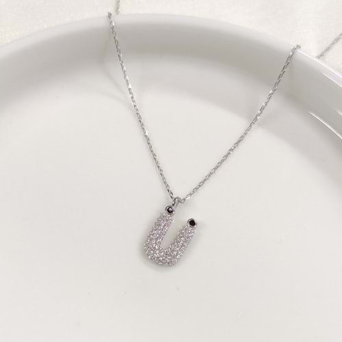 Ü TAŞLI GÜMÜŞ HARF KOLYE - RODYUM BEYAZ