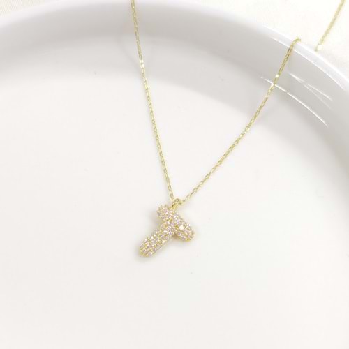 T TAŞLI GÜMÜŞ HARF KOLYE - ALTIN SARI