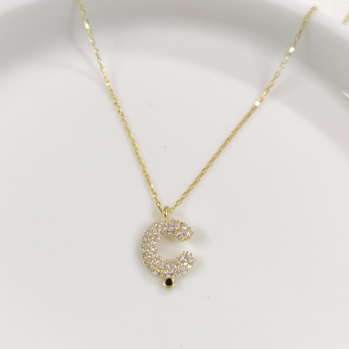 Ç TAŞLI GÜMÜŞ HARF KOLYE - ALTIN SARI