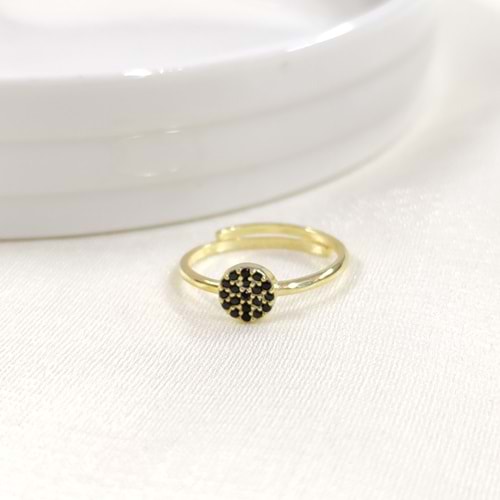 SİYAH TAŞLI YUVARLAK ÇITIR GÜMÜŞ YÜZÜK - ALTIN SARI