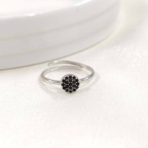 SİYAH TAŞLI YUVARLAK ÇITIR GÜMÜŞ YÜZÜK - RODYUM BEYAZ