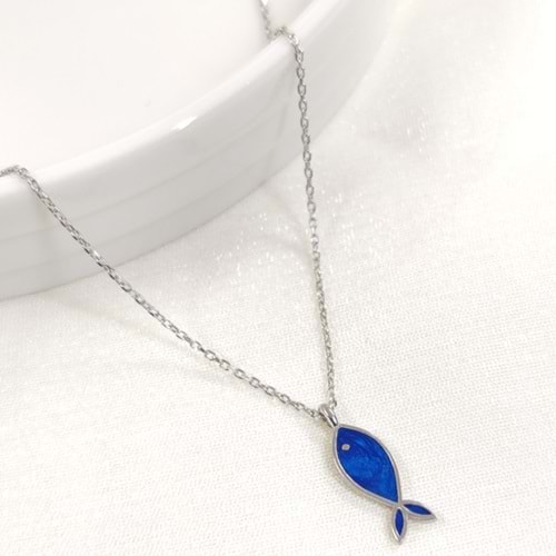 MİNELİ LACİ 1,6 CM BALIK GÜMÜŞ KOLYE - RODYUM BEYAZ