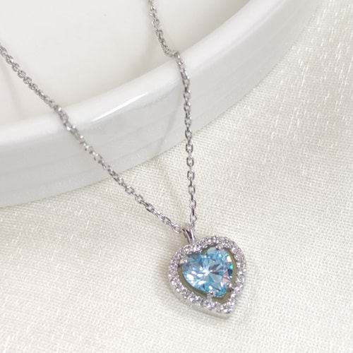 MAVİ TAŞLI KALP GÜMÜŞ KOLYE - RODYUM BEYAZ