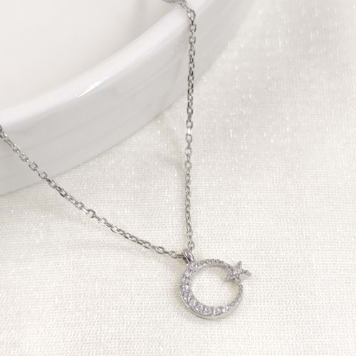 1 CM TAŞLI MİNİ AY YILDIZ GÜMÜŞ KOLYE - RODYUM BEYAZ