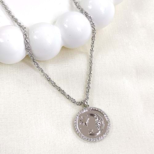 FULLYX 1,70 CM PLAKA HİLAL AY YILDIZ BURGU ZİNCİR KOLYE 40+4 CM - BEYAZ