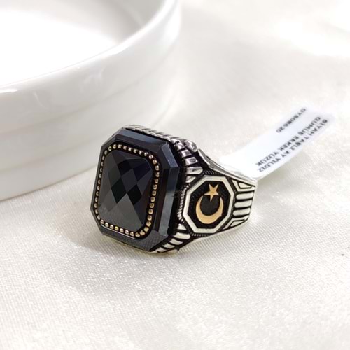 SİYAH TAŞLI AY YILDIZ GÜMÜŞ ERKEK YÜZÜK