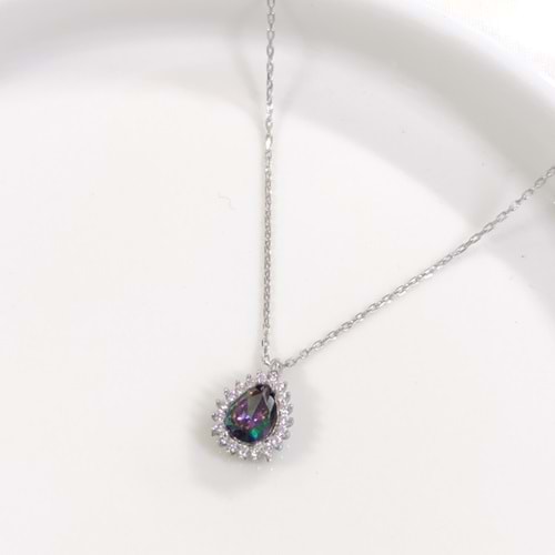 1 CM MİSTİK TOPAZ TAŞLI DAMLA GÜMÜŞ KOLYE 40+5 CM