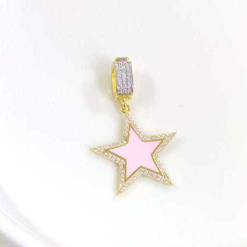 PEMBE MİNELİ YILDIZ GÜMÜŞ KOLYE UCU 25 MM