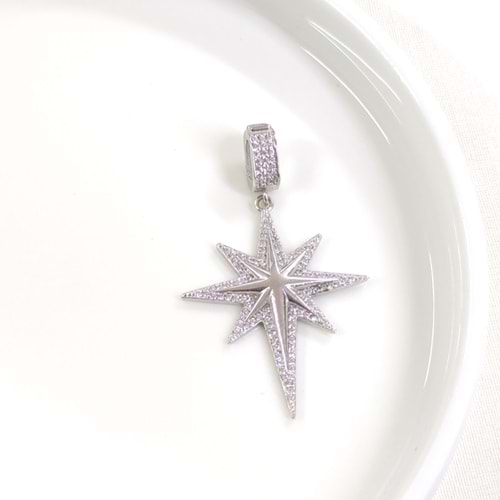 TAŞLI KUTUP YILDIZI GÜMÜŞ KOLYE UCU 4CM - RODYUM BEYAZ