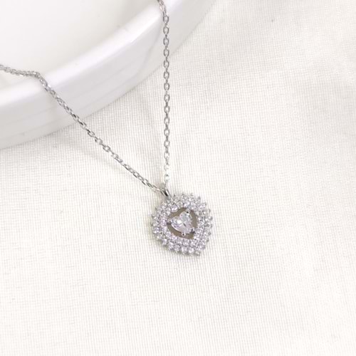 12 MM ZİRKON TAŞLI KALP GÜMÜŞ KOLYE 40+5 CM