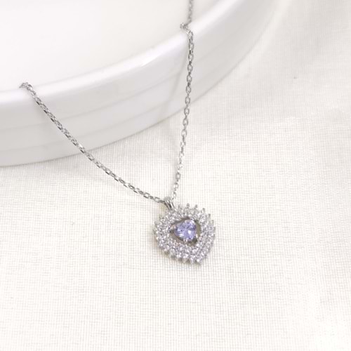 12 MM LİLA TAŞLI KALP GÜMÜŞ KOLYE 40+5 CM