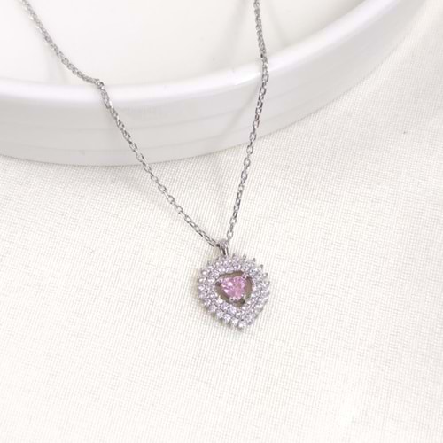 12 MM PEMBE TAŞLI KALP GÜMÜŞ KOLYE 40+5 CM