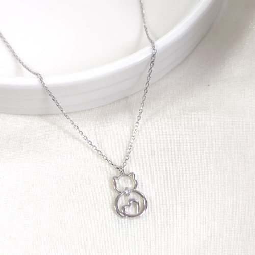 8X15 MM KALP DETAYLI KEDİ GÜMÜŞ KOLYE 40+5 CM - RODYUM BEYAZ